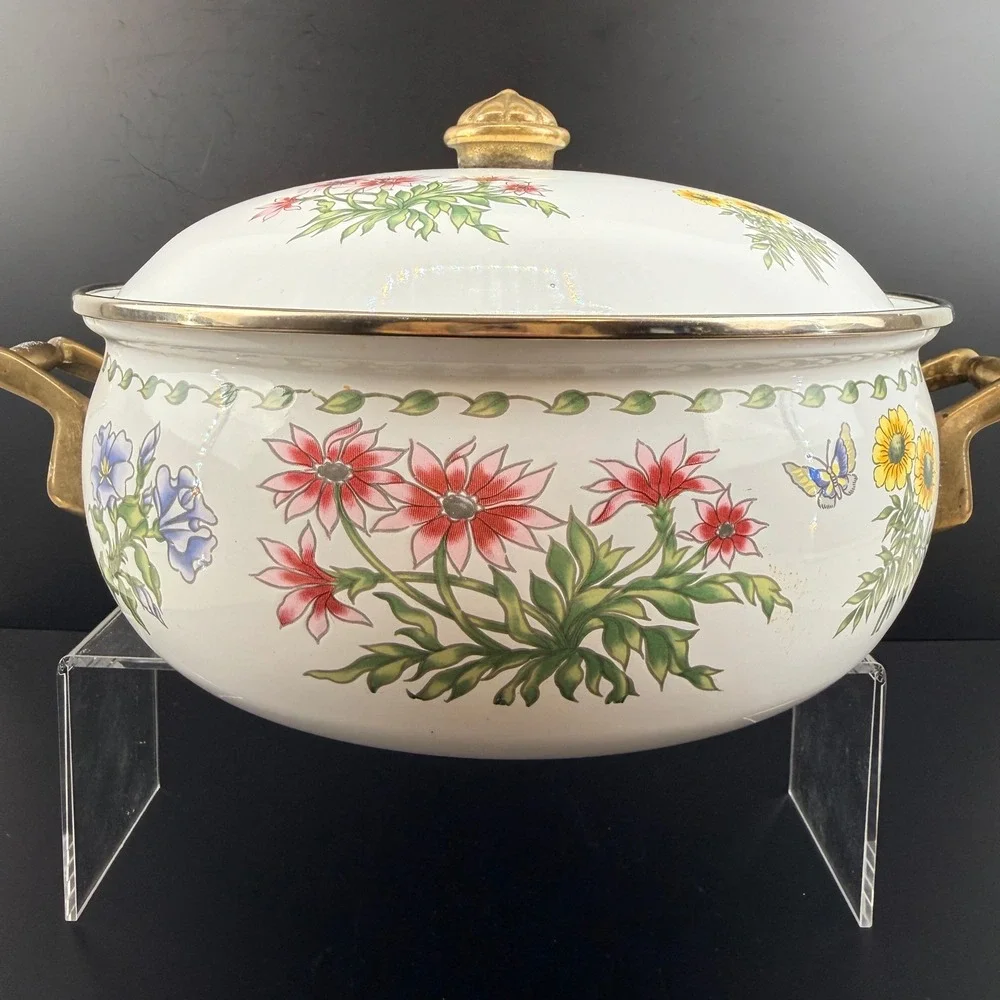 Vintage Regency Club Enamel Dutch Oven Floral Butterfly Brass Handles 10